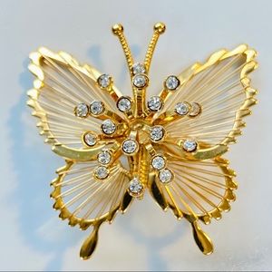 Monet Gold Tone Crystal Rhinestone Butterfly Brooch Pin